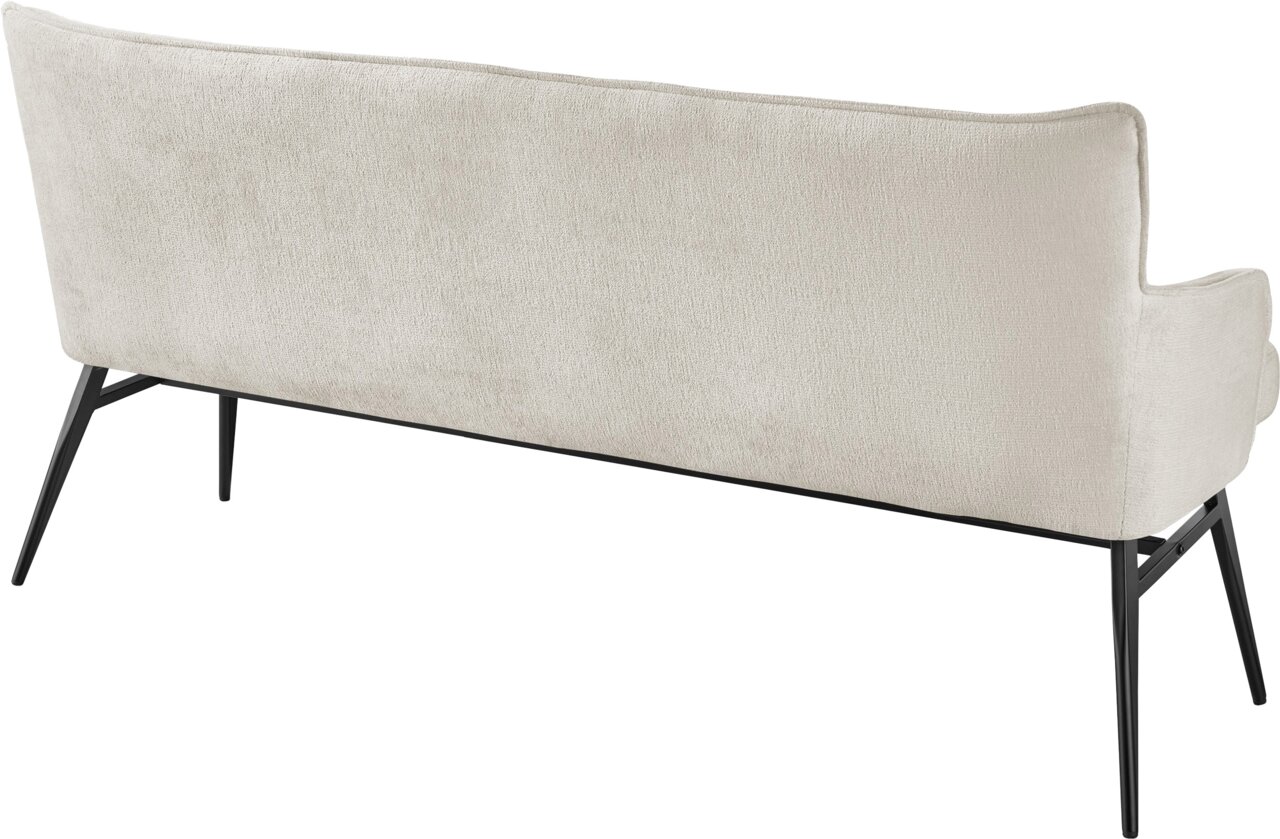 Rückansicht einer modernen, cremefarbenen Bank mit schwarzen Metallbeinen.