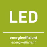 Grünes Schild mit der Aufschrift 'LED' und 'energieeffizient', Vorderansicht