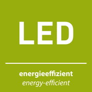 Grünes Schild mit der Aufschrift 'LED' und 'energieeffizient', Vorderansicht