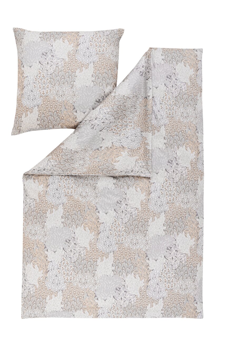 Beddengoedset 155 x 220 cm met bloemmotief in beige- en grijstinten, bovenaanzicht