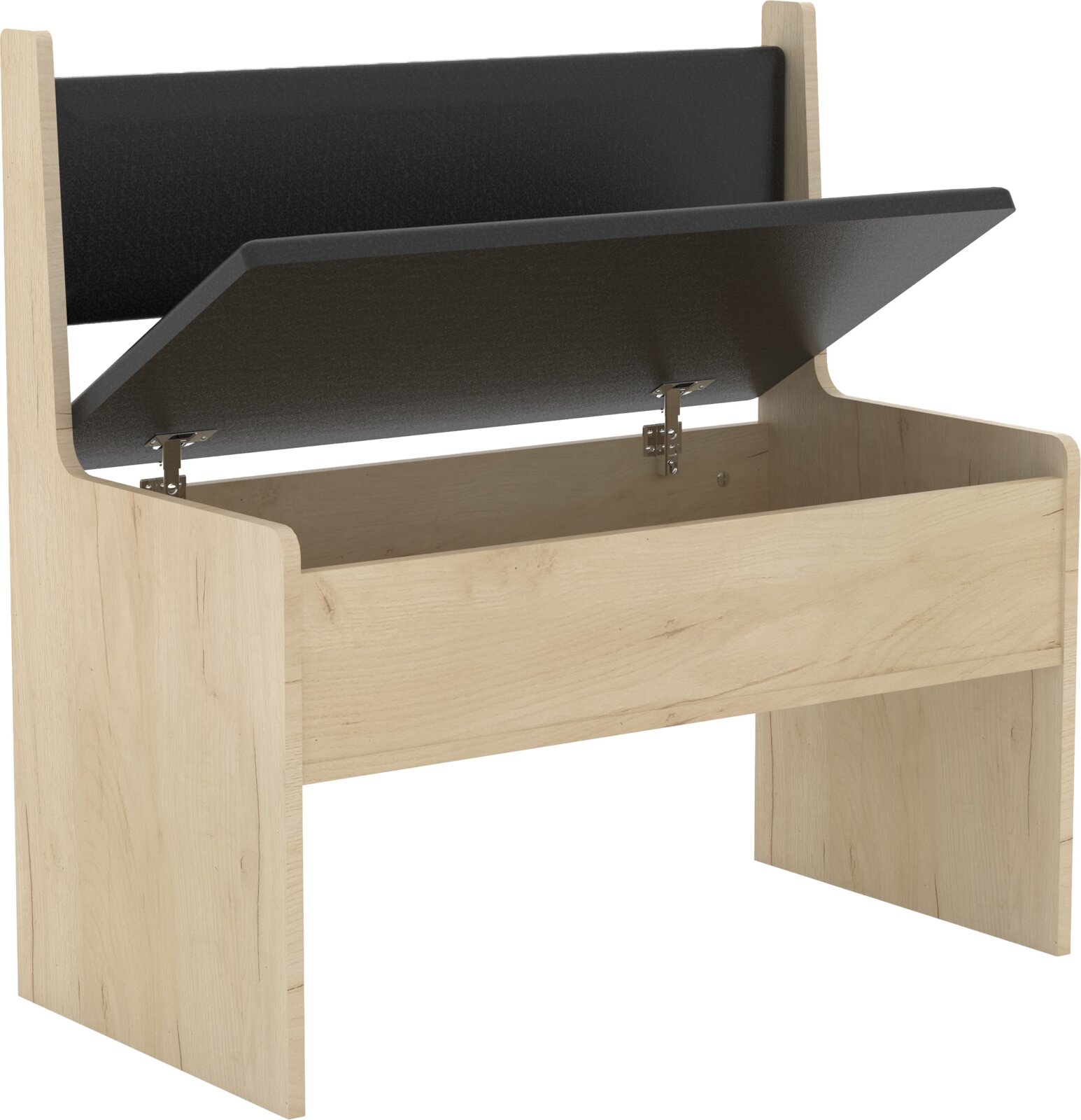 VCM Bank ESAL Holzbettgestell in heller Holzoptik mit hochgeklapptem Lattenrost bzw. Stauraumklappe, Detailansicht aus schräger Seitenperspektive von vorn