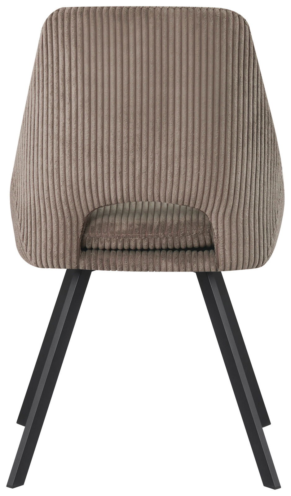 Rückansicht eines modernen Stuhls mit geripptem Stoffbezug und schwarzen Metallbeinen.