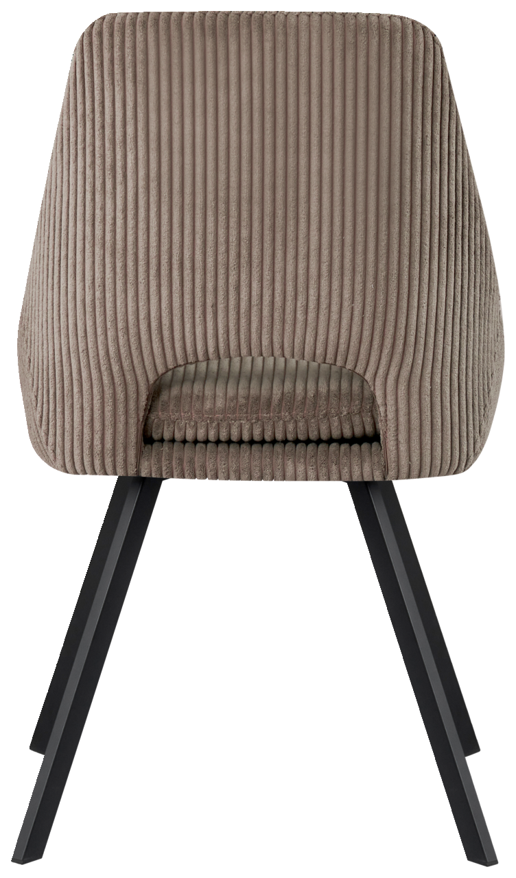 Rückansicht eines modernen Stuhls mit geripptem Stoffbezug und schwarzen Metallbeinen.