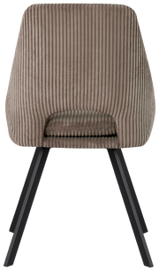 Rückansicht eines modernen Stuhls mit geripptem Stoffbezug und schwarzen Metallbeinen.