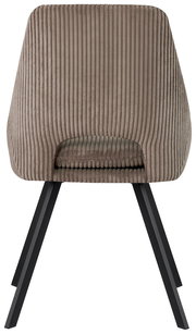 Rückansicht eines modernen Stuhls mit geripptem Stoffbezug und schwarzen Metallbeinen.