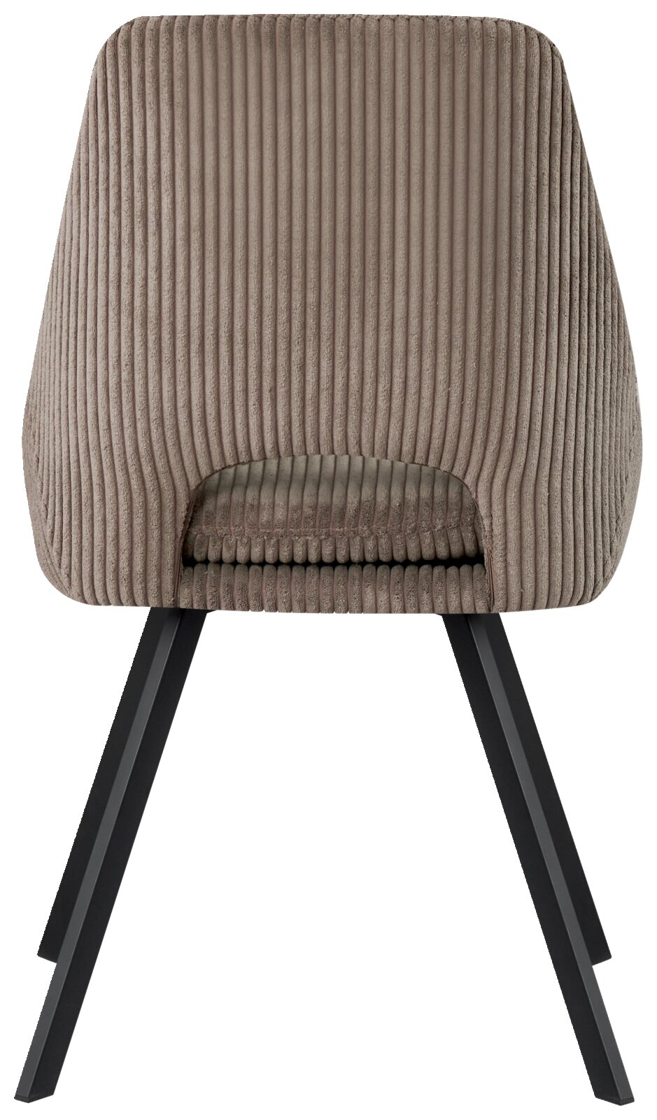 Rückansicht eines modernen Stuhls mit geripptem Stoffbezug und schwarzen Metallbeinen.