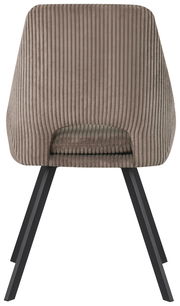Rückansicht eines modernen Stuhls mit geripptem Stoffbezug und schwarzen Metallbeinen.