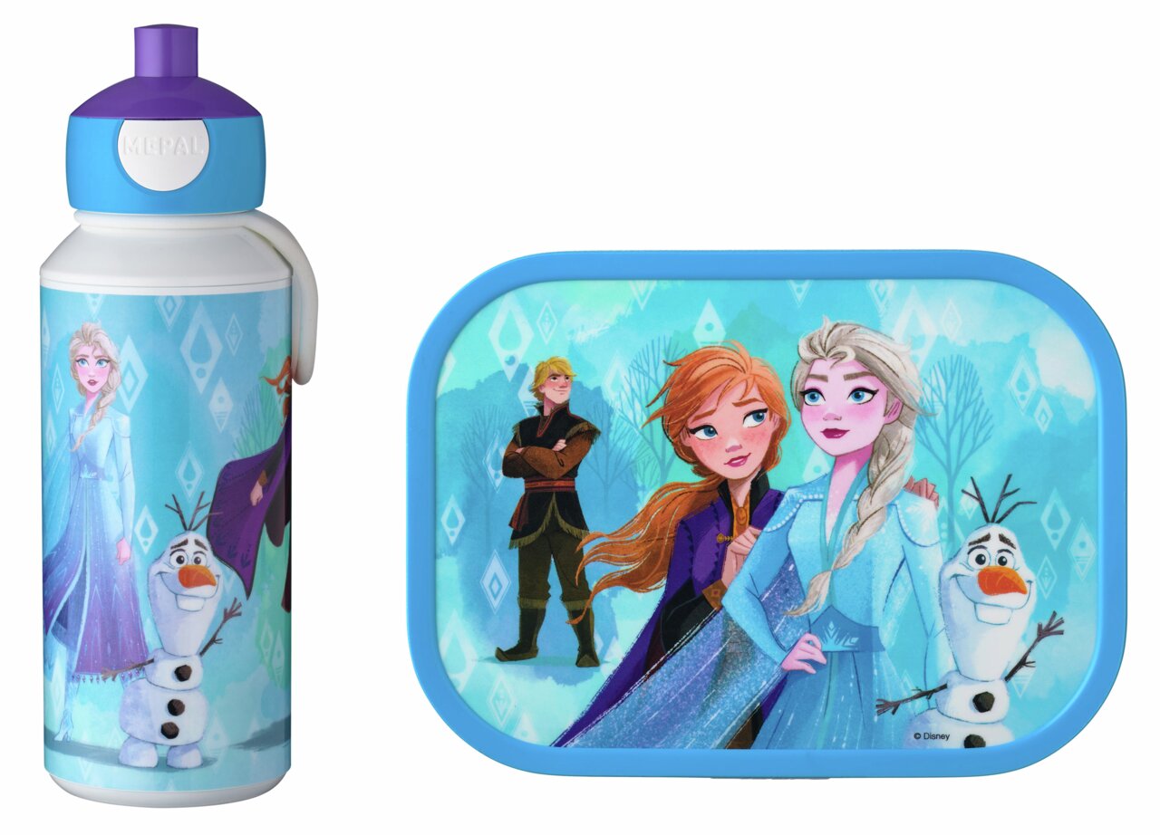Trinkflasche und Brotdose im Frozen 2 Design mit Elsa, Anna, Olaf und Kristoff, Vorderansicht