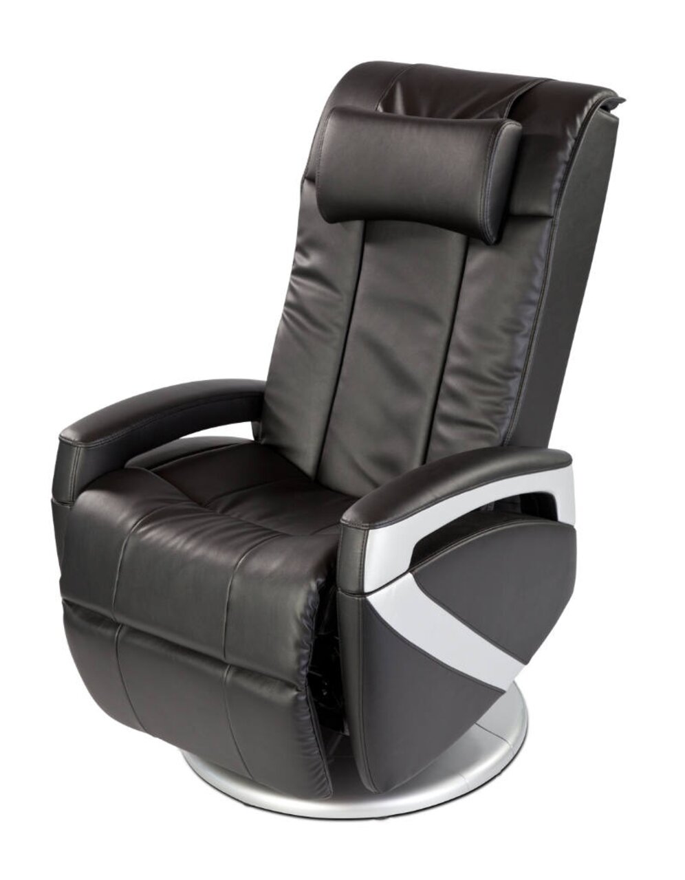Schwarzer Massagesessel in seitlicher Perspektive mit ergonomischem Design und gepolsterten Armlehnen.