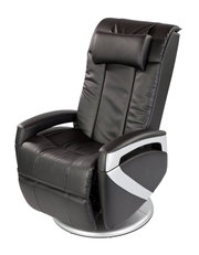 Schwarzer Massagesessel in seitlicher Perspektive mit ergonomischem Design und gepolsterten Armlehnen.