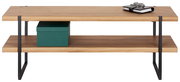 Garderobenbank aus Holz mit zwei Ebenen und Metallrahmen, frontal fotografiert. Auf der oberen Ebene liegen ein Notizbuch und eine Brille, auf der unteren Ebene steht eine grüne Box.