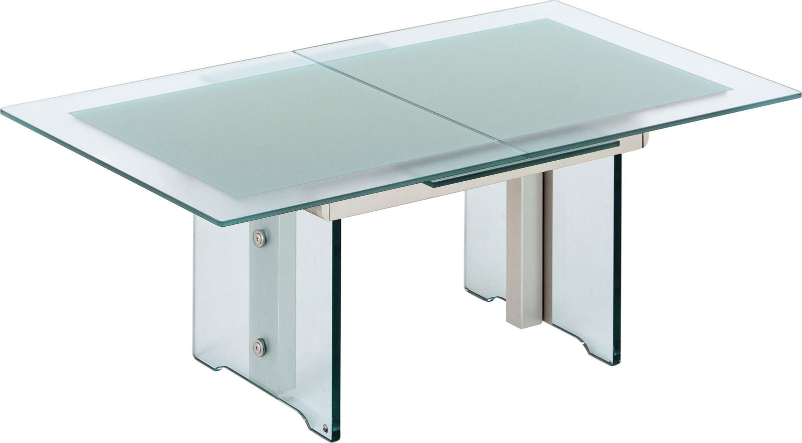 Moderner Couchtisch aus Glas mit Metallgestell, seitliche Perspektive