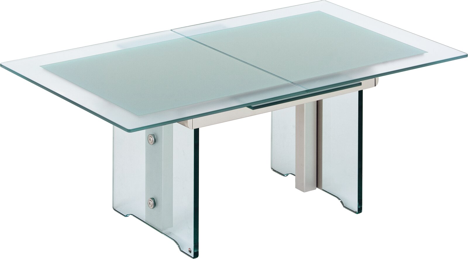 Moderner Couchtisch aus Glas mit Metallgestell, seitliche Perspektive