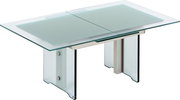Moderner Couchtisch aus Glas mit Metallgestell, seitliche Perspektive