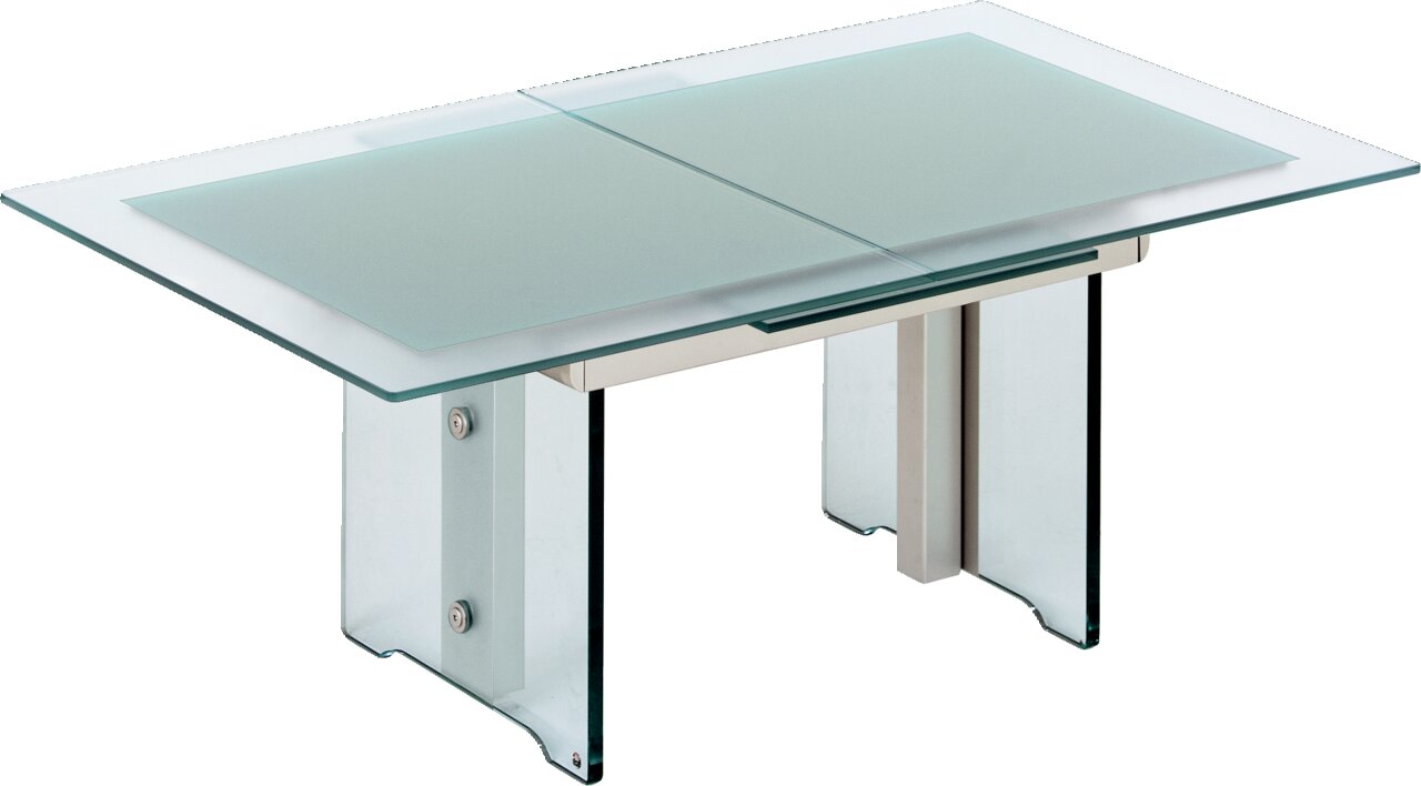 Moderner Couchtisch aus Glas mit Metallgestell, seitliche Perspektive