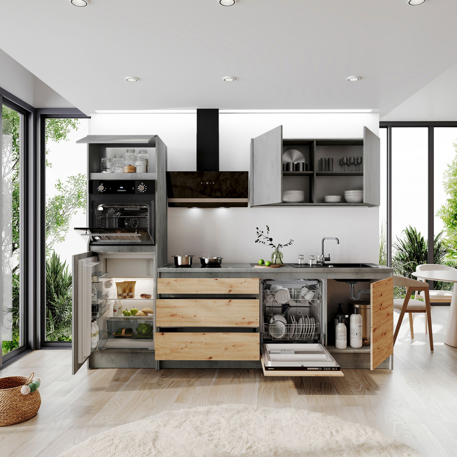 Moderne Küchenzeile mit offenen Schränken, eingebautem Ofen, Kühlschrank und Geschirrspüler, aus der Frontansicht fotografiert.