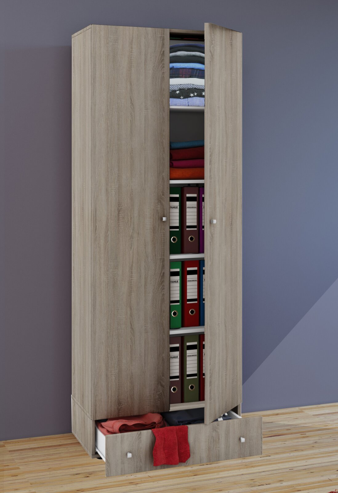 Hoher Kleiderschrank in heller Holzoptik mit zwei Türen und geöffneter Schublade, innen mit gefalteter Kleidung und Ordnern, frontal in leichter Schrägansicht von vorn.