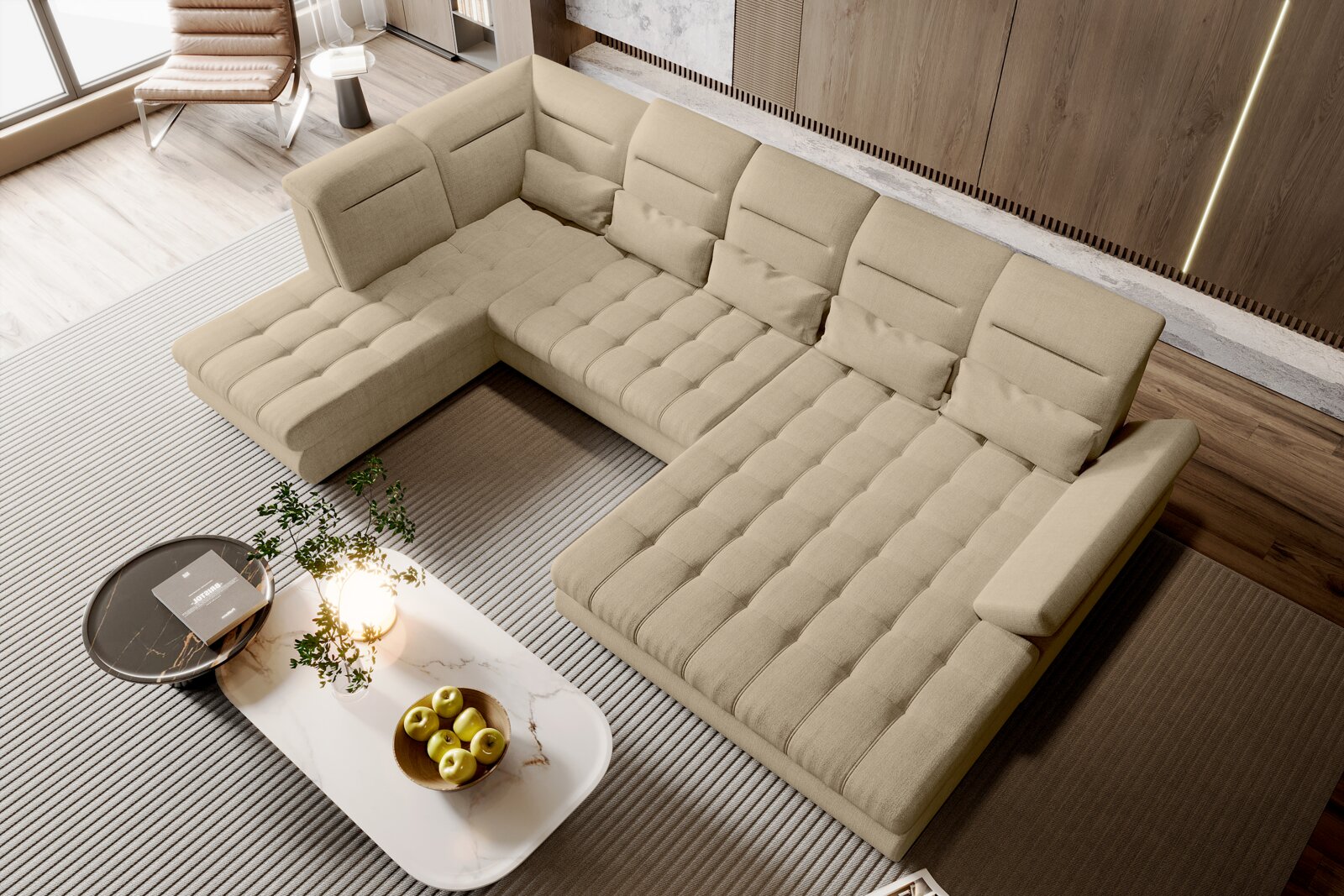 Z2 Wohnlandschaft NOAH Beiges, modernes U-förmiges Wohnlandschaft-/Ecksofa mit gepolsterten Sitzflächen, Kopfstützen und Zierkissen im Wohnzimmer, aufgenommen aus schräger Vogelperspektive von oben