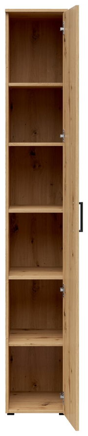 Mehrzweckschrank aus Holz mit geöffneter Tür, fünf Fächer, frontale Ansicht