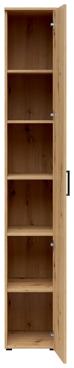 Mehrzweckschrank aus Holz mit geöffneter Tür, fünf Fächer, frontale Ansicht