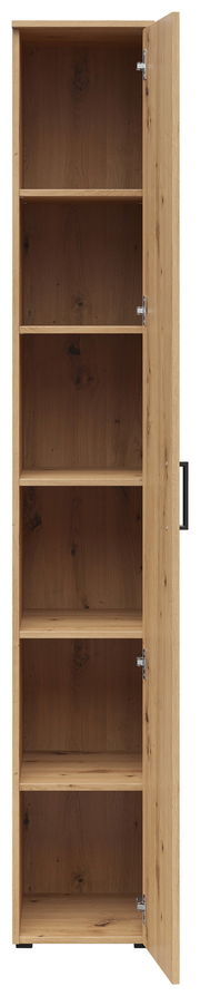 Mehrzweckschrank aus Holz mit geöffneter Tür, fünf Fächer, frontale Ansicht