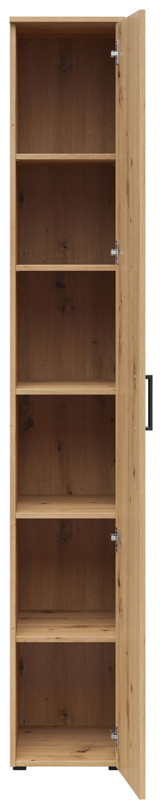 Mehrzweckschrank aus Holz mit geöffneter Tür, fünf Fächer, frontale Ansicht