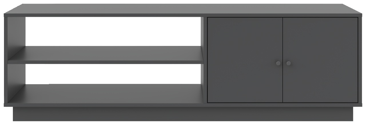 Frontansicht eines grauen TV-Lowboards mit offenen Regalfächern links und zwei Türen rechts.
