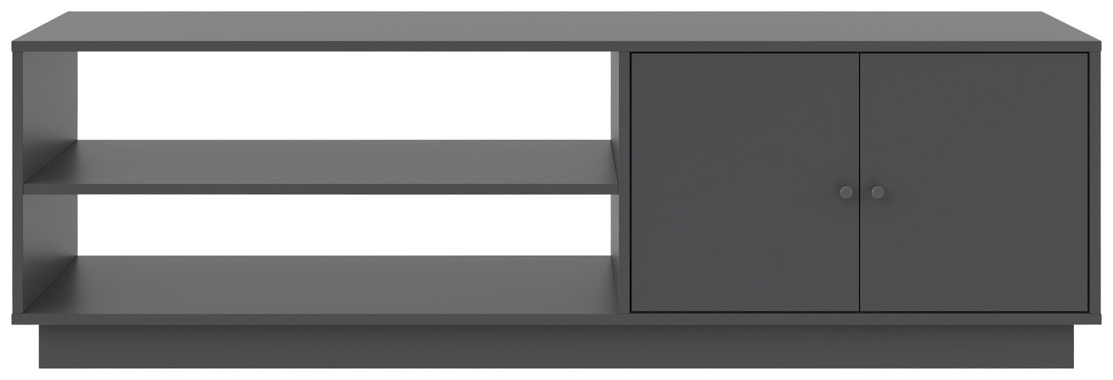 Frontansicht eines grauen TV-Lowboards mit offenen Regalfächern links und zwei Türen rechts.