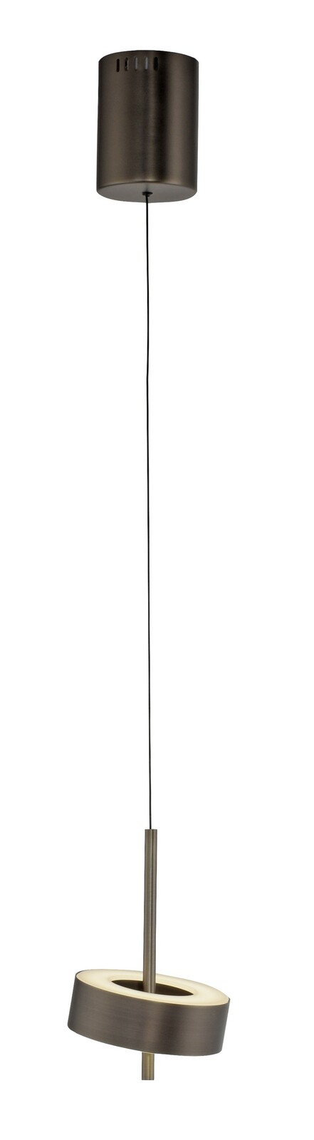 Moderne Pendelleuchte Q-ROTATE in seitlicher Perspektive mit zylindrischem Baldachin und schwenkbarem Leuchtring.