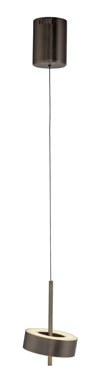 Moderne Pendelleuchte Q-ROTATE in seitlicher Perspektive mit zylindrischem Baldachin und schwenkbarem Leuchtring.