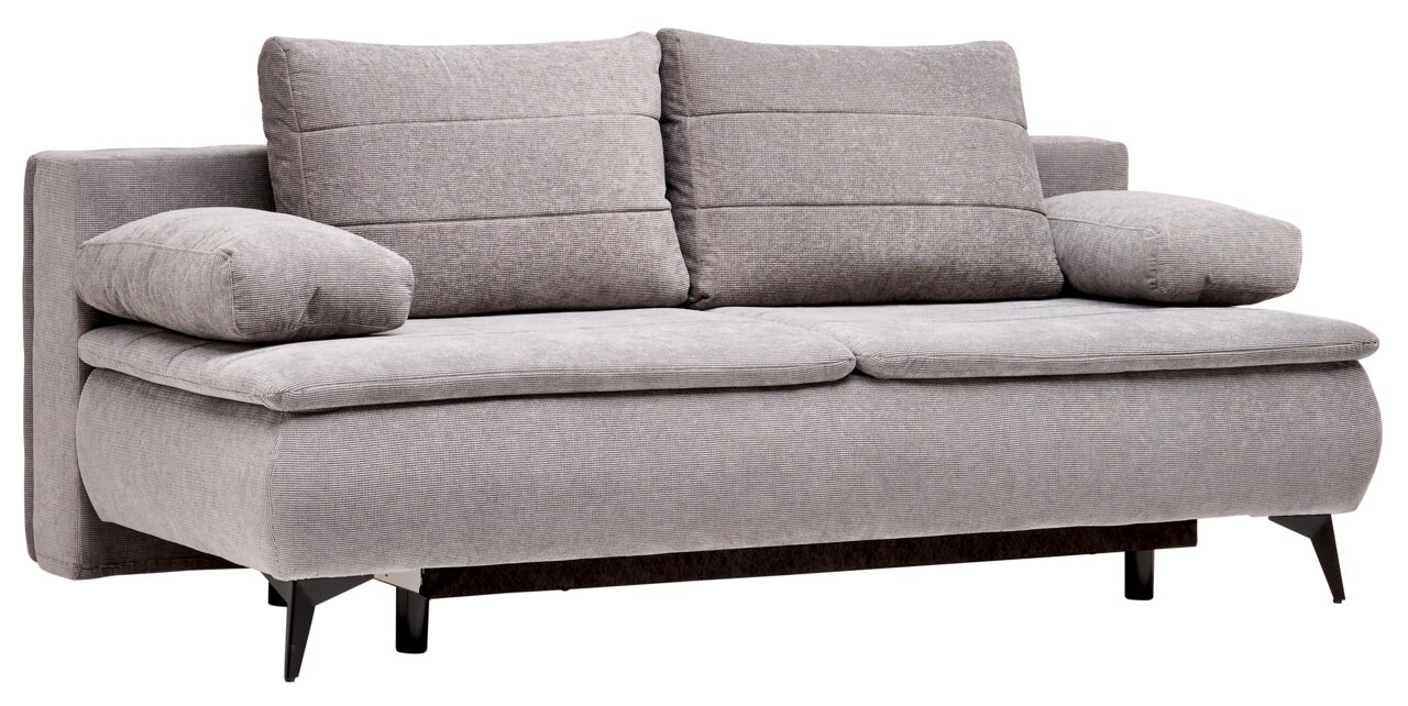 Graues Boxspring-Funktionssofa mit zwei Rückenkissen und Armlehnen, seitliche Perspektive