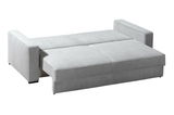 Graues Querschläfer-Sofa in ausgeklappter Position, seitliche Perspektive