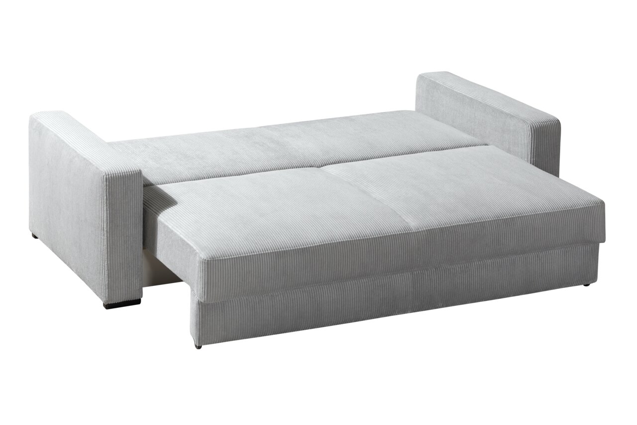 Graues Querschläfer-Sofa in ausgeklappter Position, seitliche Perspektive