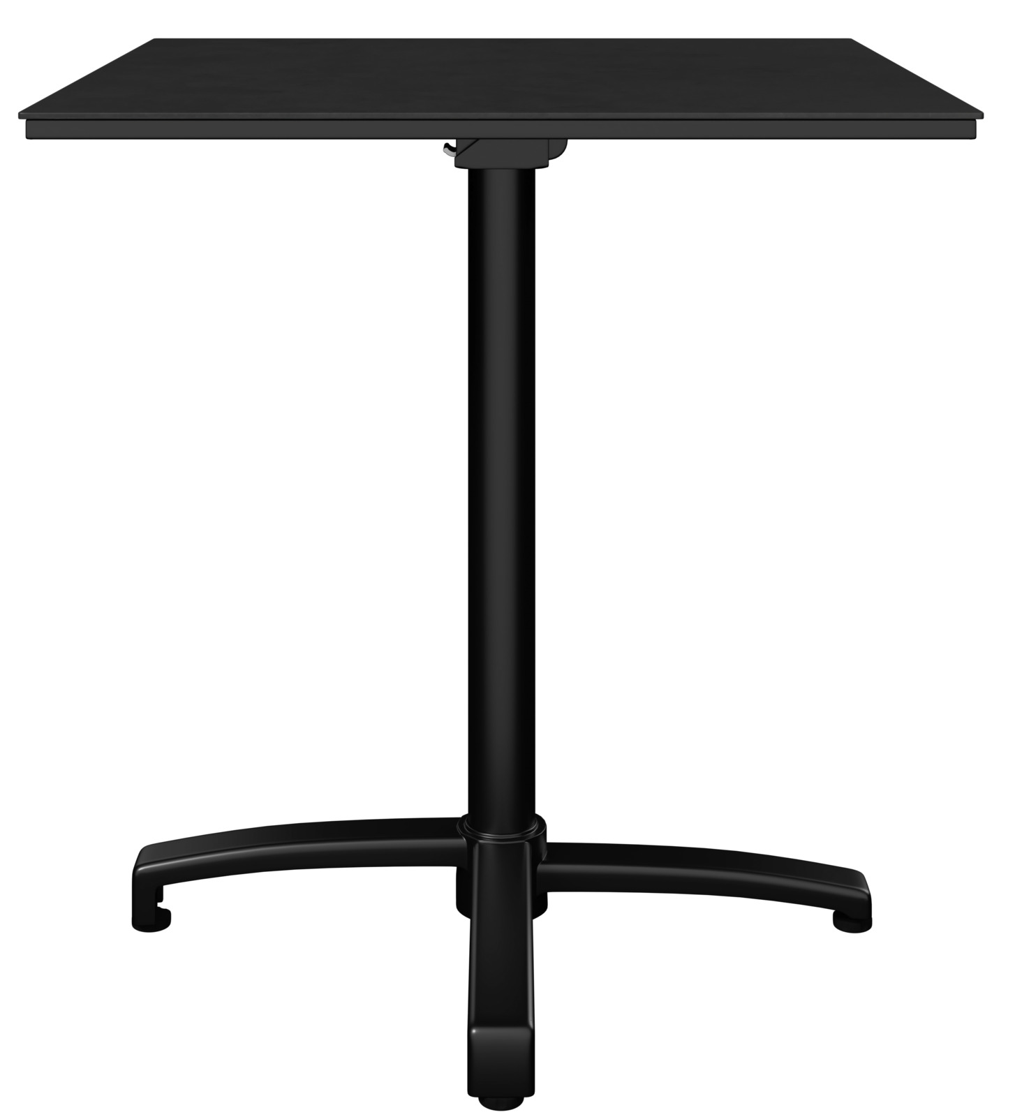 Schwarzer Bistrotisch mit quadratischer Tischplatte und stabilem Mittelfuß, Frontalansicht.