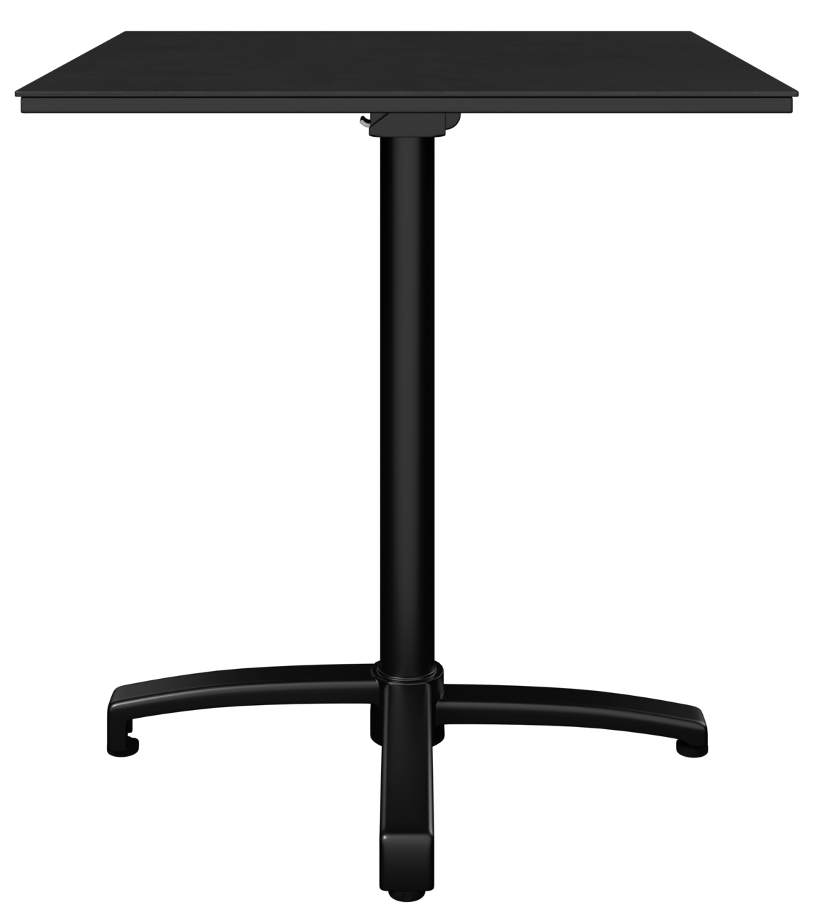 Schwarzer Bistrotisch mit quadratischer Tischplatte und stabilem Mittelfuß, Frontalansicht.