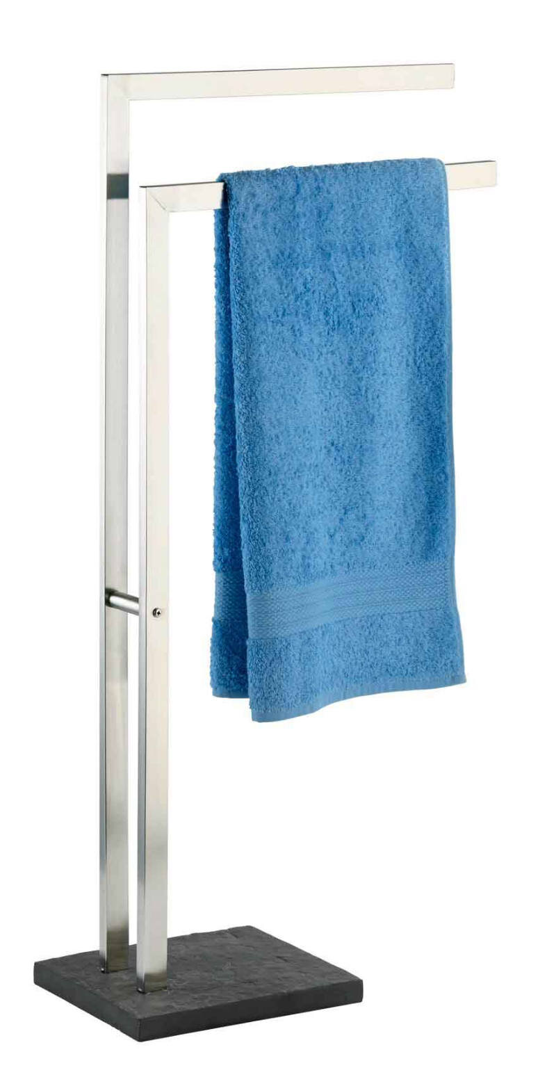 Moderner Handtuchständer mit zwei Armen und einem blauen Handtuch, seitliche Perspektive.