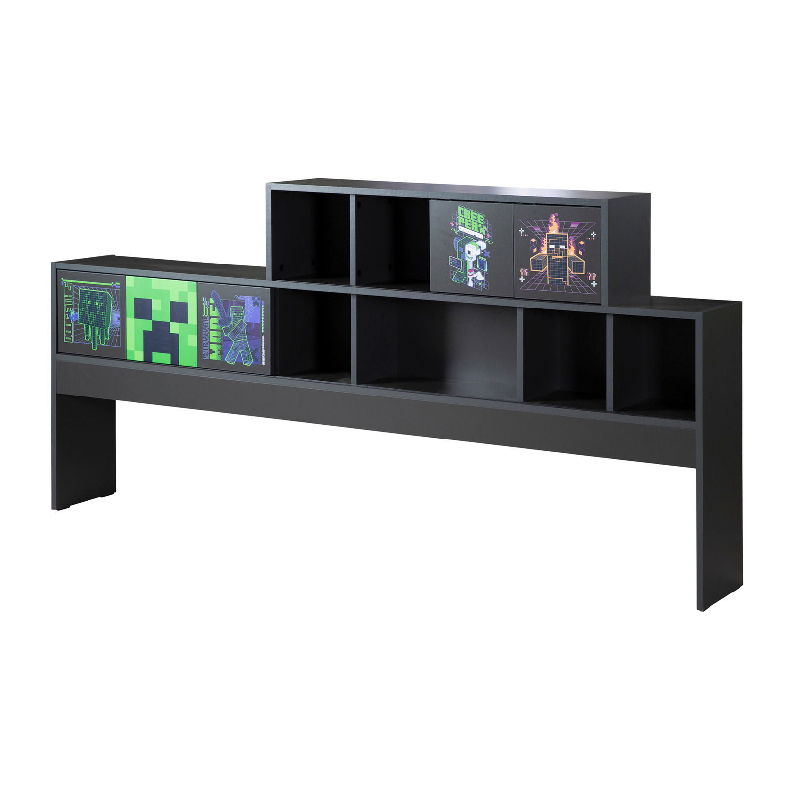 Schwarzes Jugendbett-Kopfteil mit Regalfächern und bunten Pixel-Art-Motiven, seitliche Perspektive