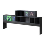 Schwarzes Jugendbett-Kopfteil mit Regalfächern und bunten Pixel-Art-Motiven, seitliche Perspektive