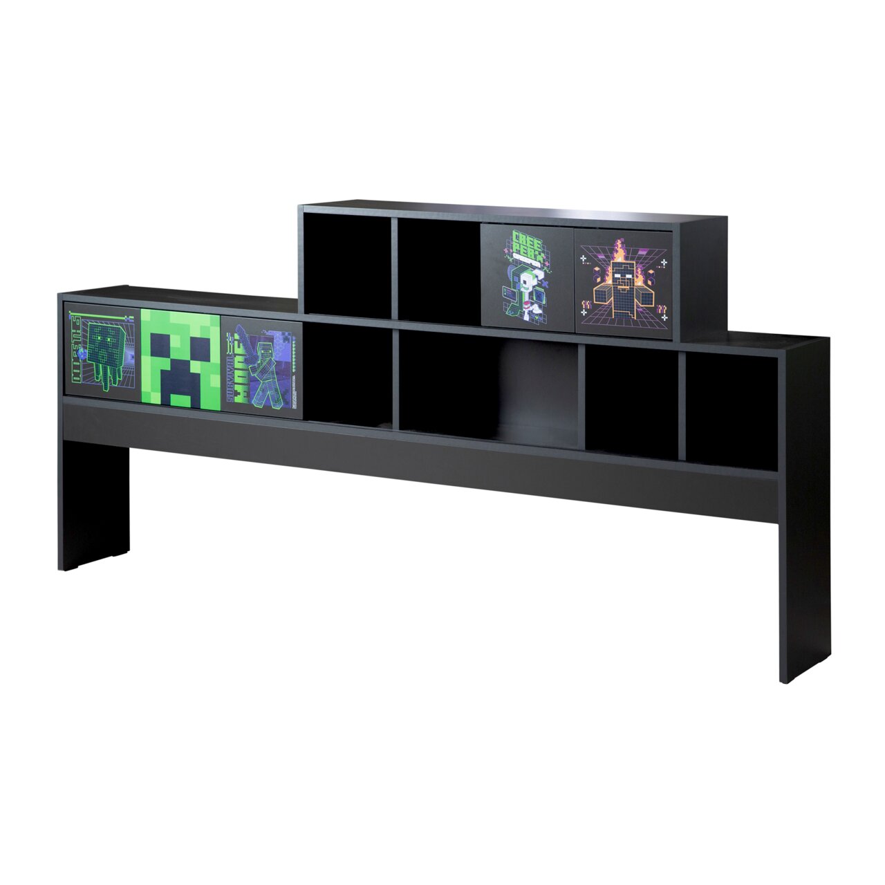 Zwart hoofdeinde voor een jeugdbed met planken en kleurrijke pixelart-motieven, zijaanzicht