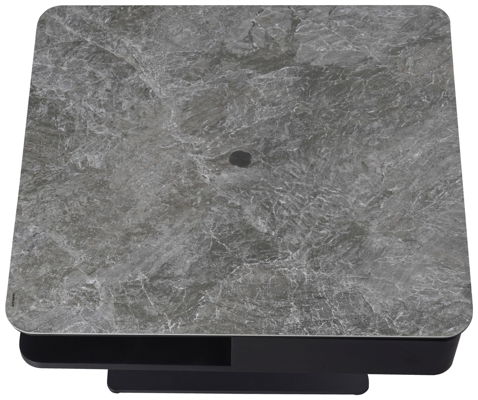 Moderner Couchtisch mit grauer Marmoroptik, quadratische Form, von oben betrachtet.