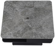 Moderner Couchtisch mit grauer Marmoroptik, quadratische Form, von oben betrachtet.