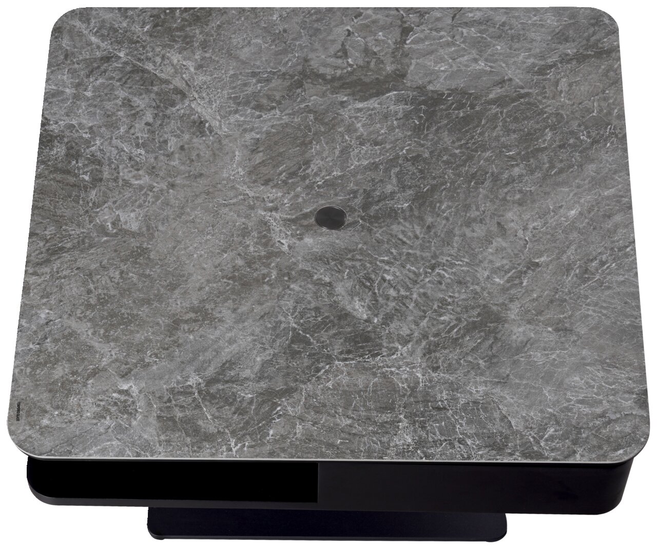 Moderner Couchtisch mit grauer Marmoroptik, quadratische Form, von oben betrachtet.