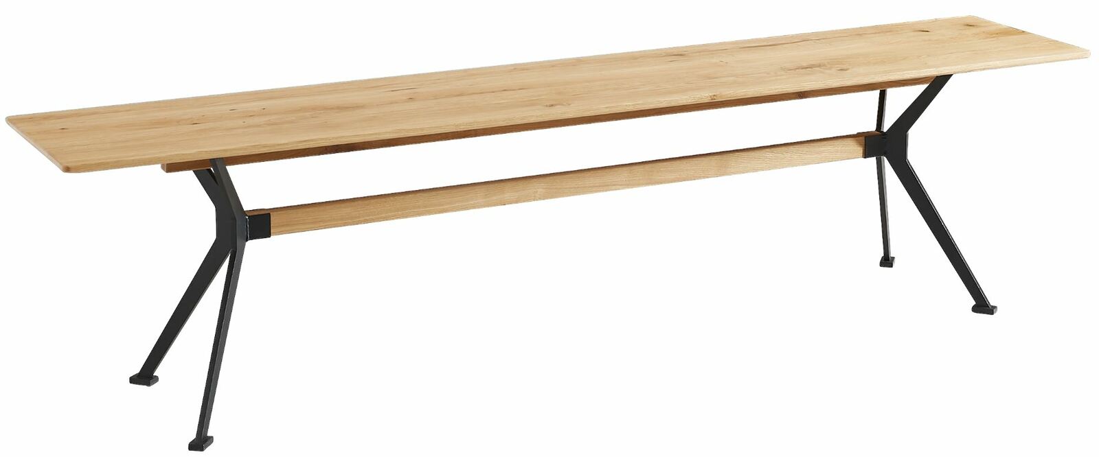 Holz-Sitzbank mit Metallbeinen, seitliche Perspektive