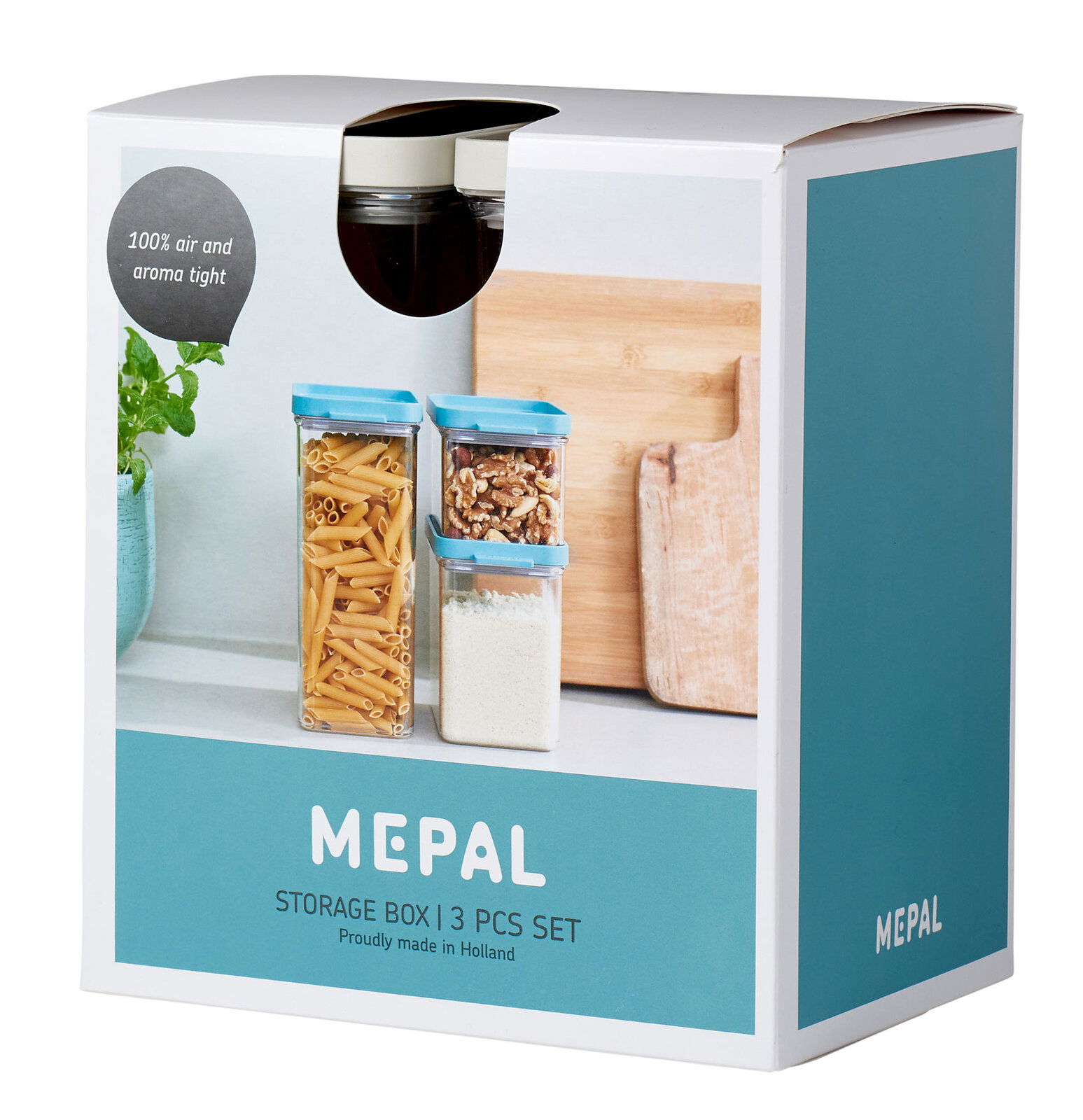 Vorratsdose Omnia 3er Set in weiß, abgebildet in einer schrägen Perspektive auf der Verpackung, mit luftdichtem Verschluss, ideal zur Aufbewahrung von Lebensmitteln.