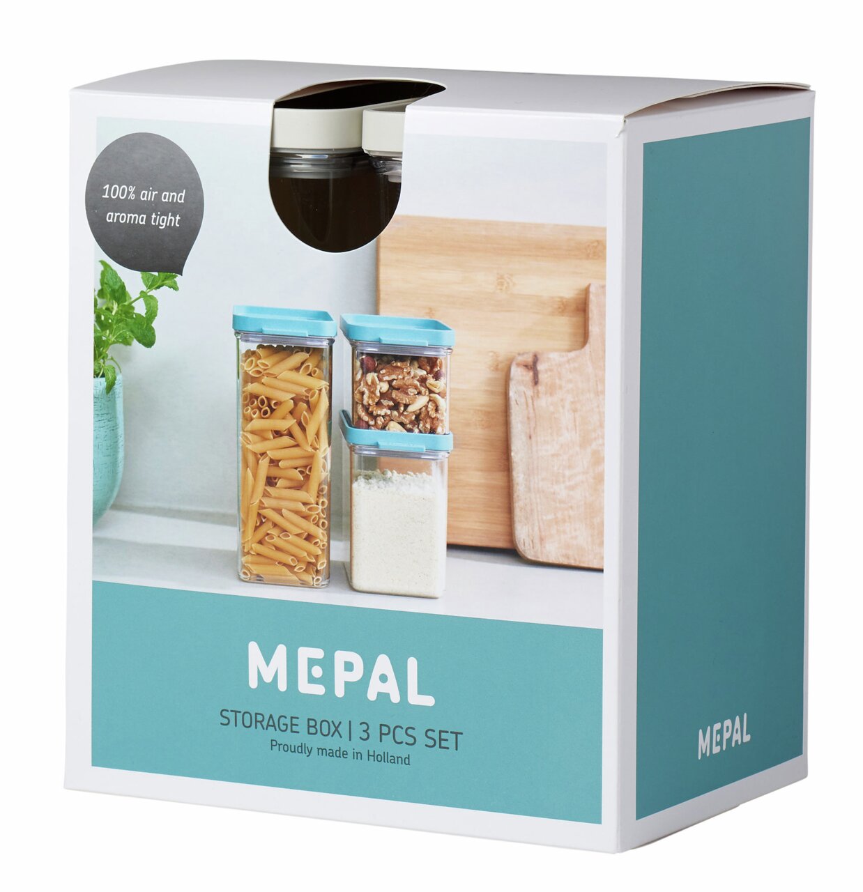 Vorratsdose Omnia 3er Set in weiß, abgebildet in einer schrägen Perspektive auf der Verpackung, mit luftdichtem Verschluss, ideal zur Aufbewahrung von Lebensmitteln.