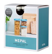 Vorratsdose Omnia 3er Set in weiß, abgebildet in einer schrägen Perspektive auf der Verpackung, mit luftdichtem Verschluss, ideal zur Aufbewahrung von Lebensmitteln.