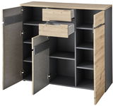 XL-Highboard mit offenen Türen und Schubladen, Holzoptik, seitliche Perspektive