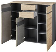 XL-Highboard mit offenen Türen und Schubladen, Holzoptik, seitliche Perspektive