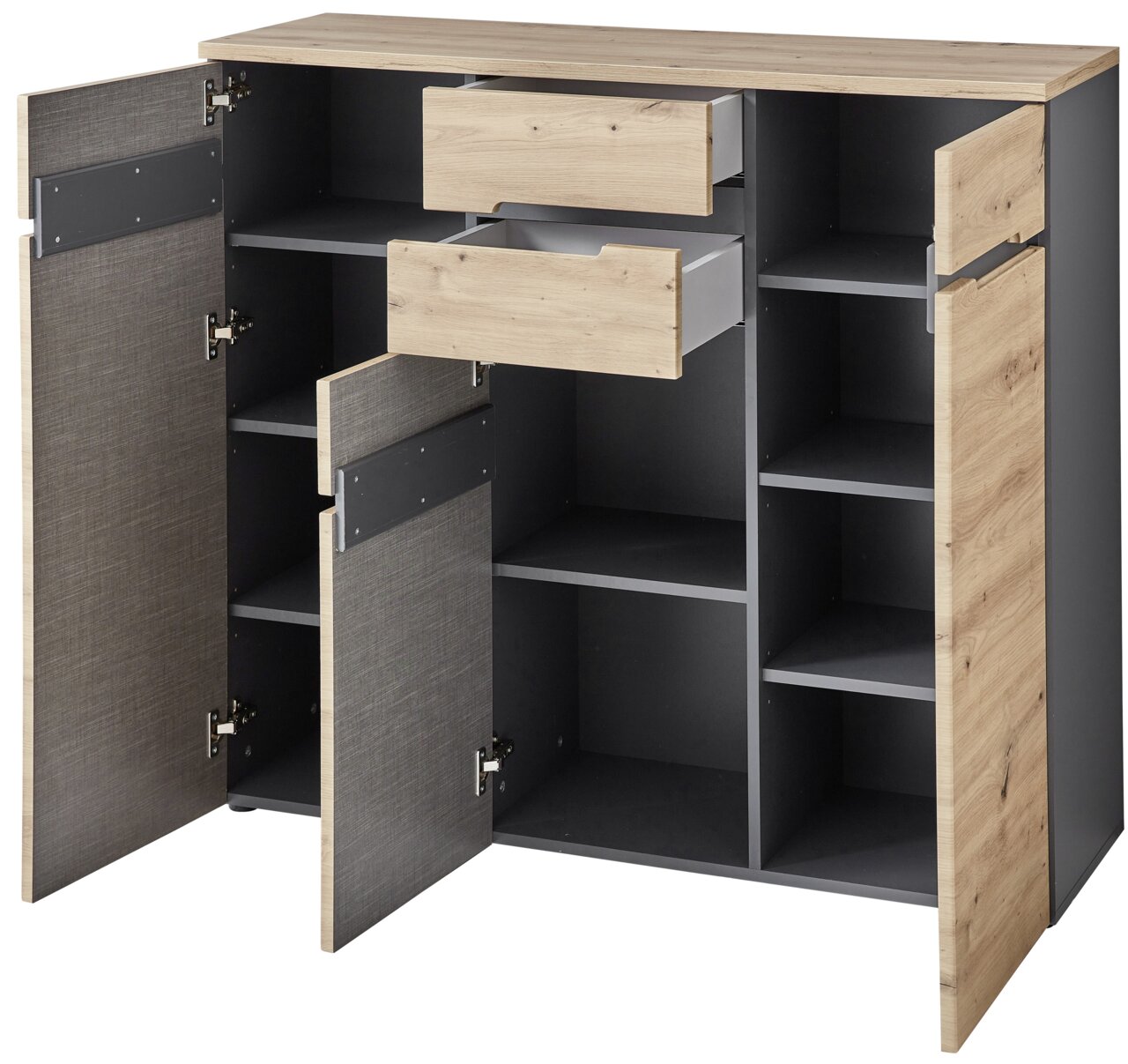 XL-Highboard mit offenen Türen und Schubladen, Holzoptik, seitliche Perspektive