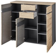 XL-Highboard mit offenen Türen und Schubladen, Holzoptik, seitliche Perspektive
